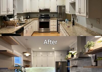 A before-and-after image of a kitchen remodel highlighting open wooden shelving, a white subway tile backsplash, quartz countertops, and enhanced lighting for a contemporary look.