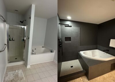 Before and after comparison of a bathroom renovation showing the replacement of a standard shower enclosure and bathtub with a modern black tiled walk-in shower and upgraded spa-style corner bathtub.