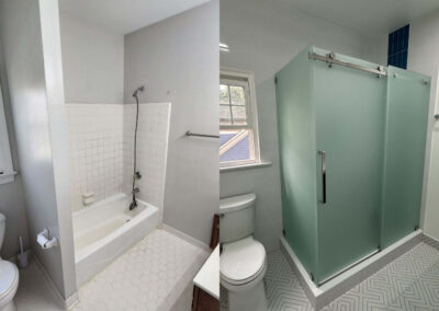 Before and after comparison of a bathroom renovation showing the replacement of a bathtub with a modern frosted glass shower enclosure and updated flooring featuring geometric patterns.