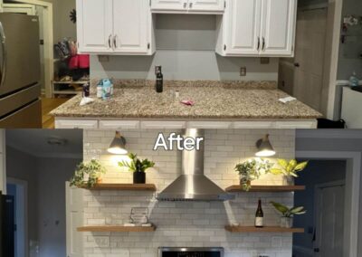 Before and after image of a kitchen renovation featuring the removal of overhead cabinets, the addition of open wooden shelves, a stainless steel hood, and a white subway tile backsplash for a modern design.