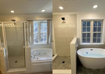 Before and after image of a master bathroom renovation showing the transformation from an old shower and built-in tub to a freestanding tub, hexagonal floor tiles, and a modern tiled shower area.