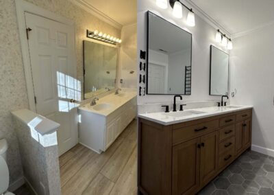 Before and after image of a master bathroom renovation featuring the transformation from floral wallpaper and standard fixtures to a modern design with a wooden double vanity, black fixtures, and hexagonal tiles.