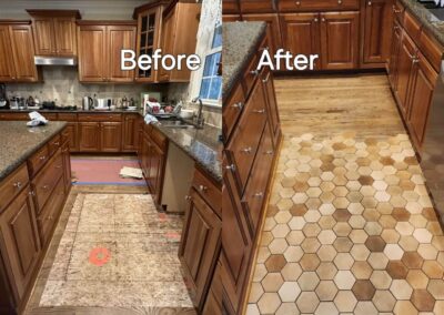 Before and after image of a kitchen floor renovation showcasing the transition from hardwood flooring to hexagonal tiles.