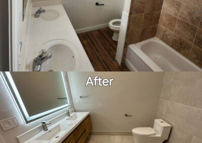 Before and after image of a bathroom renovation highlighting a transformation with a floating wood double vanity, LED mirror, and a frameless glass shower replacing the tub.