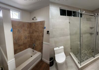 Before and after image of a bathroom renovation showcasing a tub replaced by a frameless glass shower with gray tiles and a pebble stone floor.