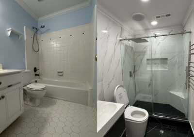 Before and after image of a bathroom renovation featuring updated black marble flooring, a frameless glass shower, and modern fixtures for a sleek, contemporary look.