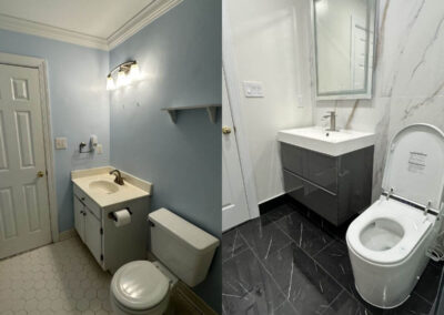 Before and after comparison of a bathroom renovation, featuring black marble flooring, a modern wall-mounted vanity, and an updated toilet with a marble accent wall.