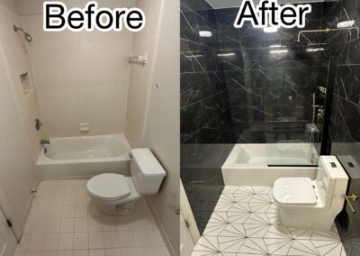Before and after image of a bathroom remodel, showcasing black marble walls, a glass shower enclosure, and a geometric patterned tile floor.