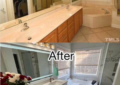 Before and after image of a bathroom remodel, showing the transformation from an old double vanity and built-in tub to a modern double vanity, freestanding jacuzzi tub, and walk-in shower with glass doors