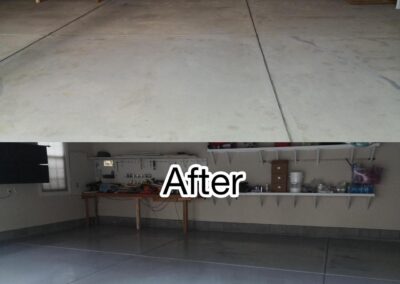 A before-and-after image of a garage floor upgrade, showing the transformation from a dull concrete surface to a sleek and glossy epoxy-coated floor.
